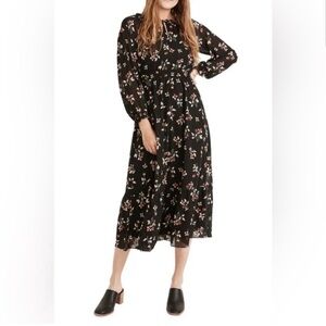 Madewell Posy Black Floral Midi Dress Long Sleeves Size XS Women’s